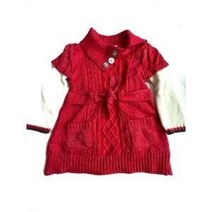 Little Lass sweater dress Long sleeve collar belt cable knit sparkle red 24m